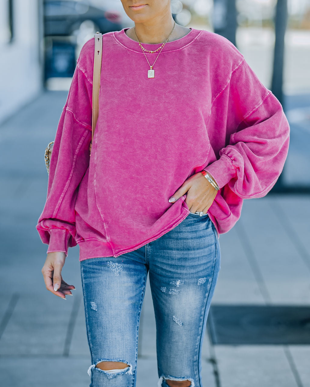 Demy Cotton Blend Pocketed Washed Pullover - Fuchsia Ins Street