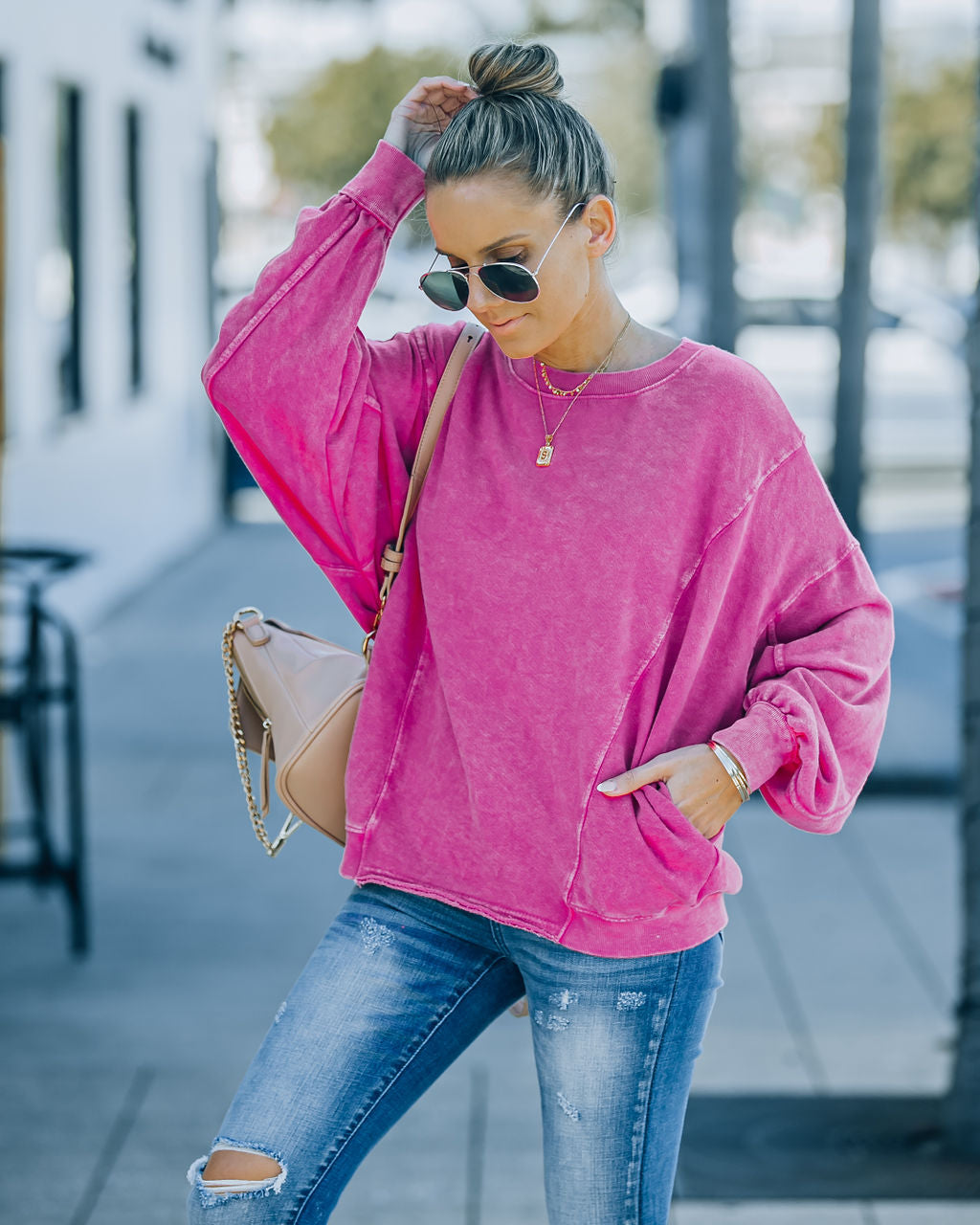 Demy Cotton Blend Pocketed Washed Pullover - Fuchsia Ins Street