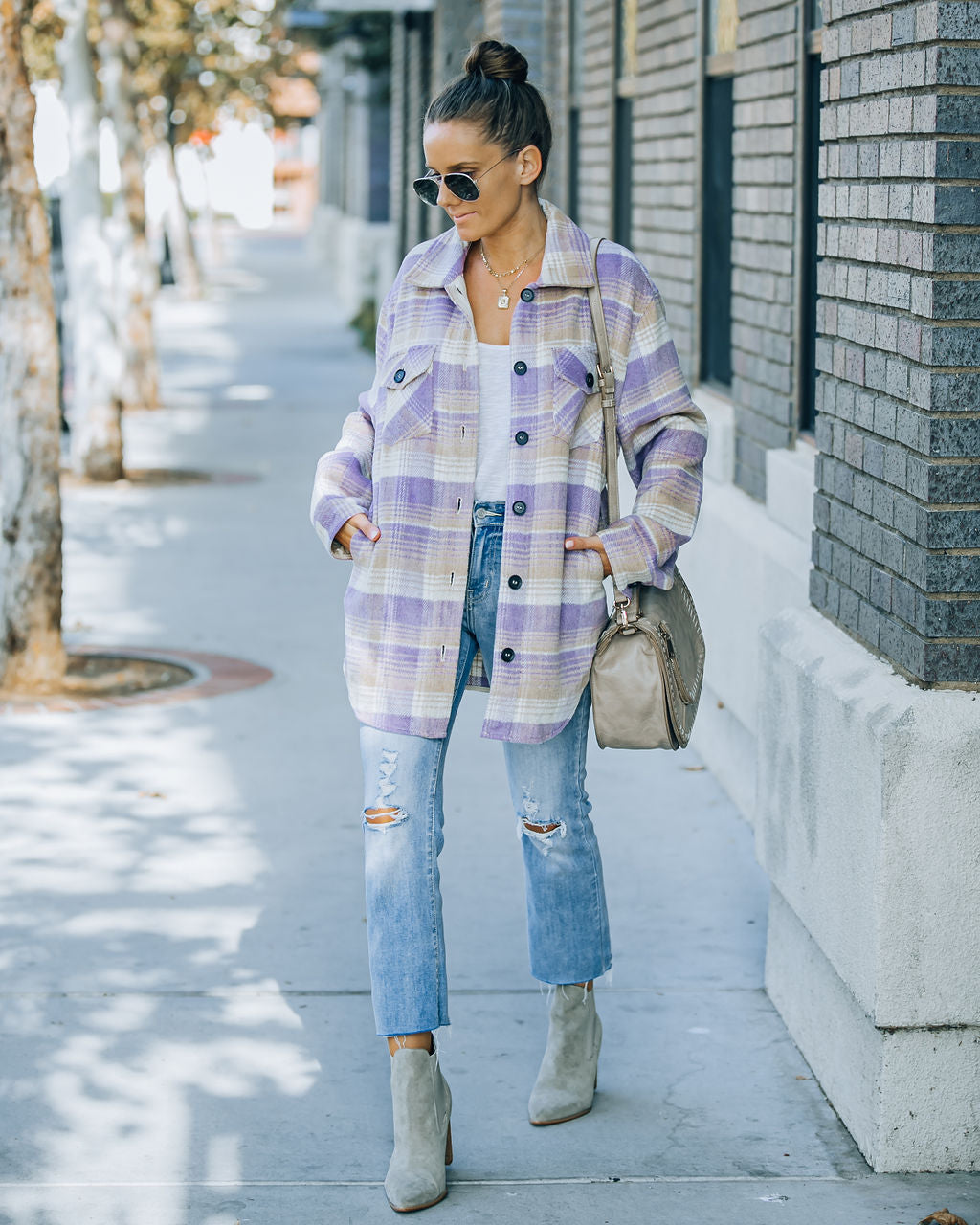 Faustina Pocketed Plaid Shacket - Lavender Ins Street