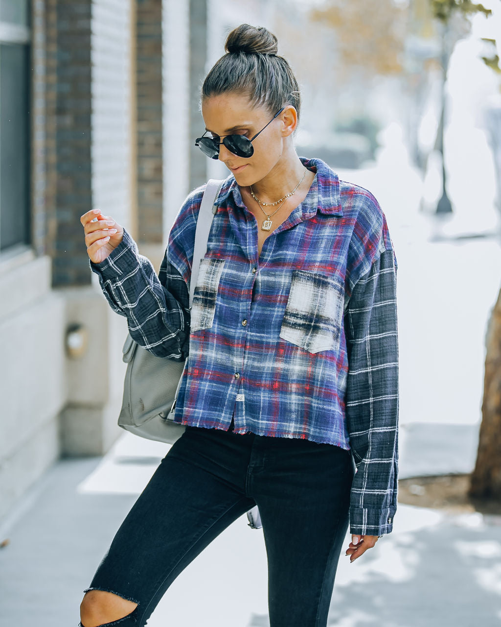 Giorgio Cotton Blend Crop Plaid Button Down Top Ins Street