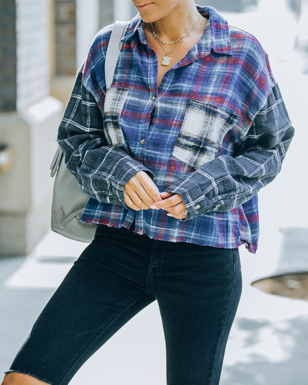 Giorgio Cotton Blend Crop Plaid Button Down Top Ins Street