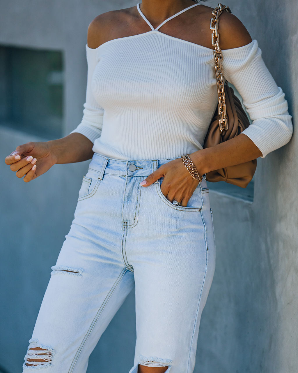 Rana Ribbed Cold Shoulder Knit Top - Off White - FINAL SALE Ins Street