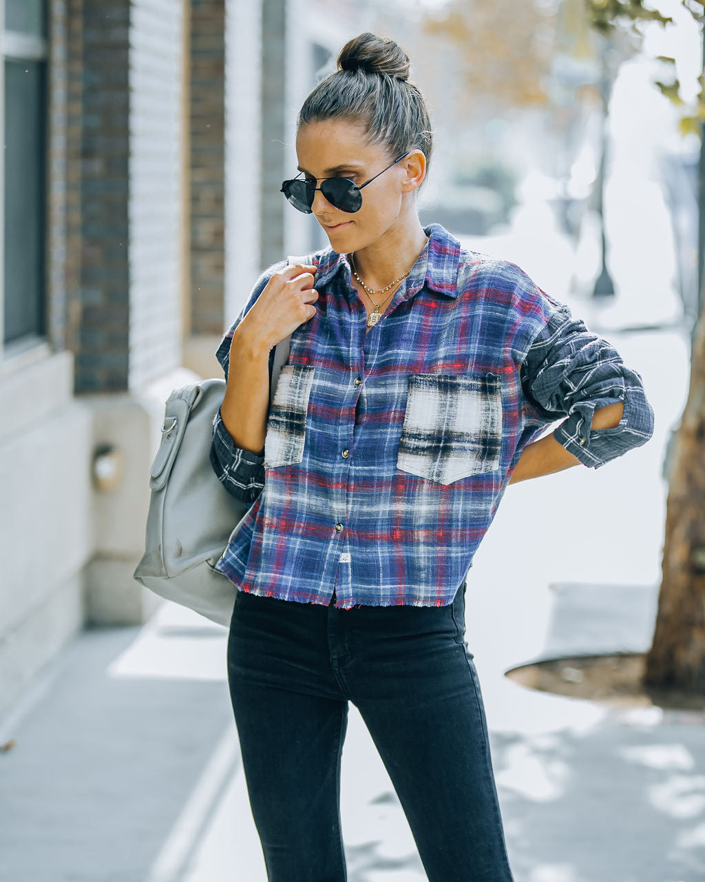 Giorgio Cotton Blend Crop Plaid Button Down Top Ins Street