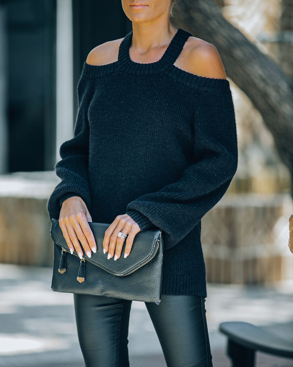 Malia Cold Shoulder Knit Sweater - Black Ins Street