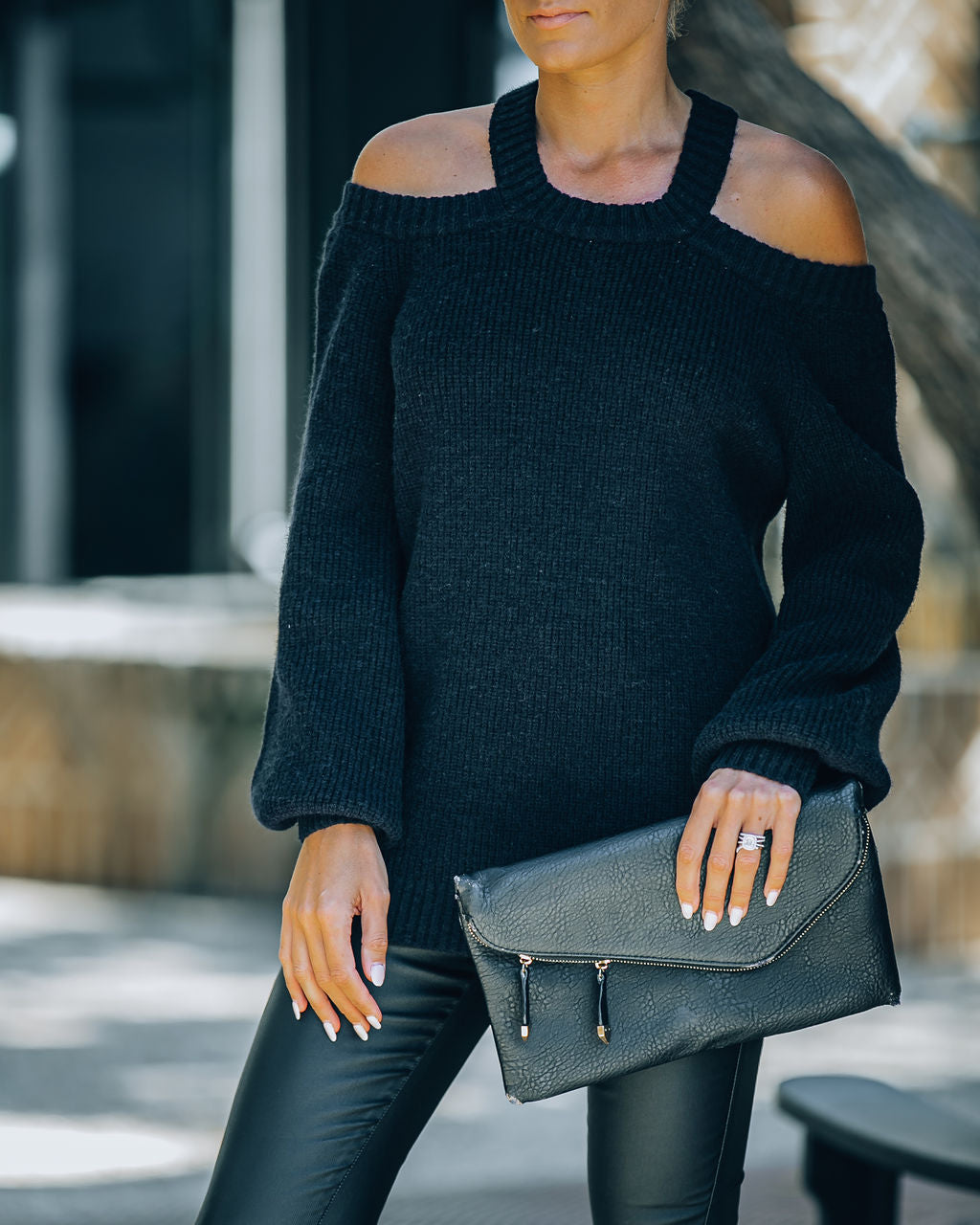 Malia Cold Shoulder Knit Sweater - Black Ins Street