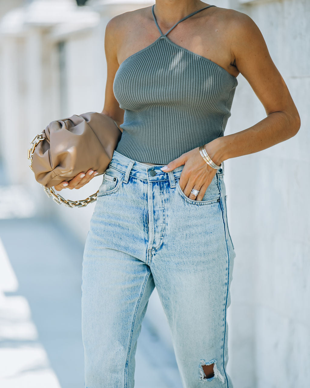 Slick Ribbed Halter Crop Top - Vintage Olive - FINAL SALE Ins Street