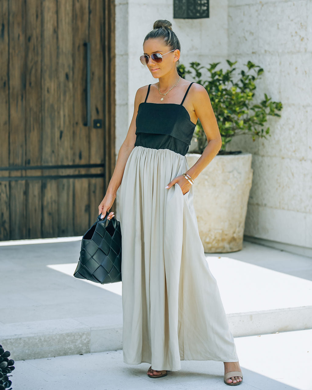 Marcellus Pocketed Colorblock Maxi Dress - Black Nude Ins Street