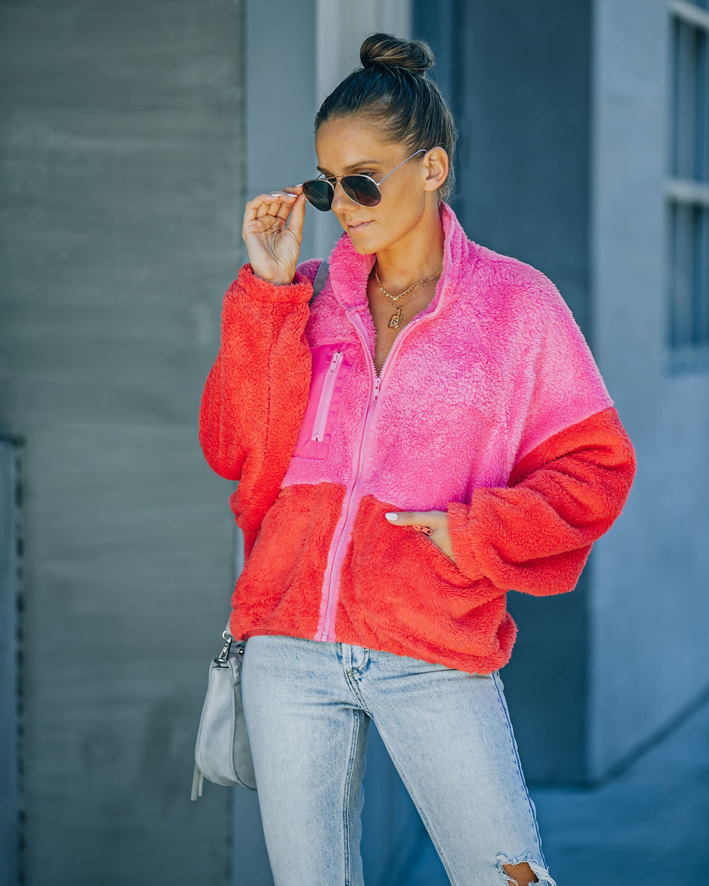Nava Pocketed Colorblock Zip Up Jacket - Pink Ins Street