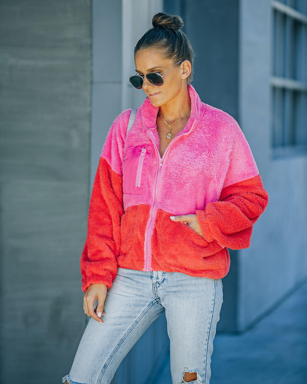 Nava Pocketed Colorblock Zip Up Jacket - Pink Ins Street