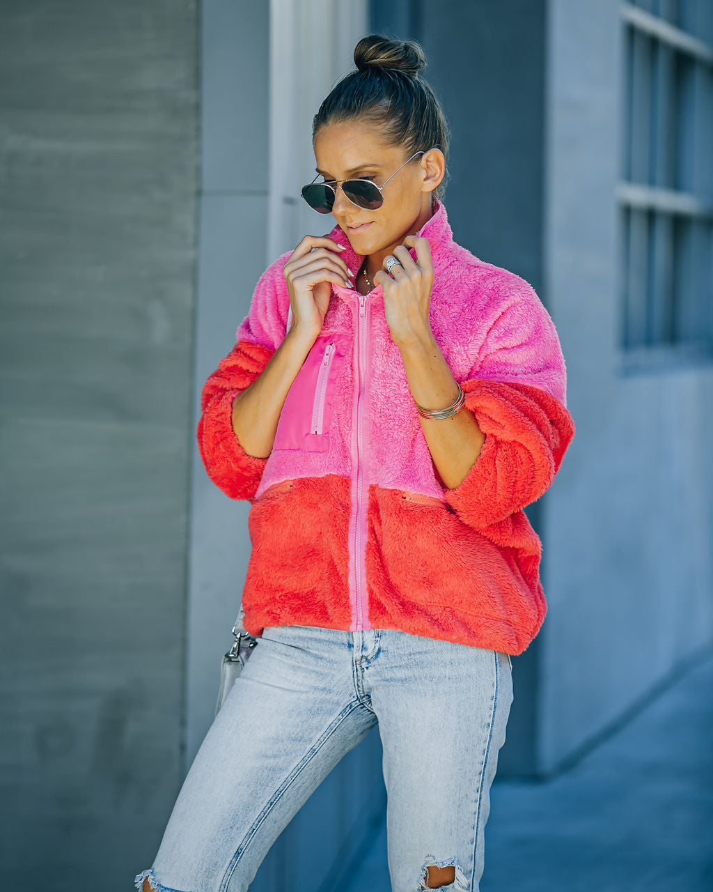 Nava Pocketed Colorblock Zip Up Jacket - Pink Ins Street