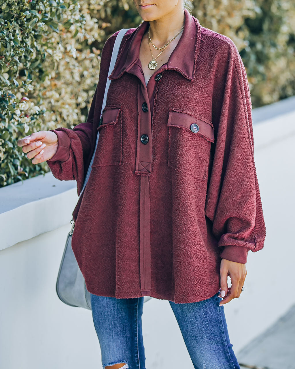 Kiandra Cotton French Terry Henley Top - Burgundy - FINAL SALE Ins Street