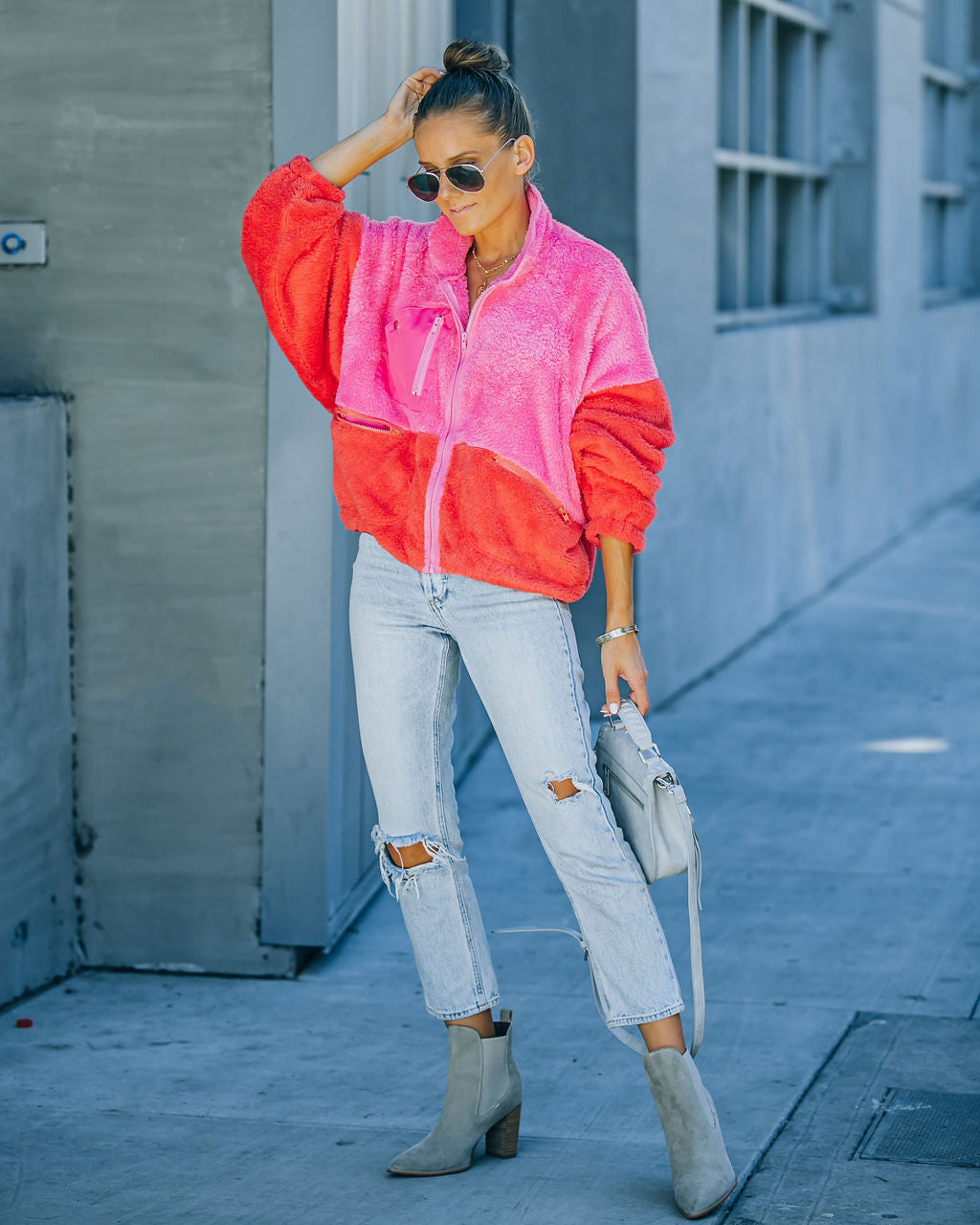 Nava Pocketed Colorblock Zip Up Jacket - Pink Ins Street