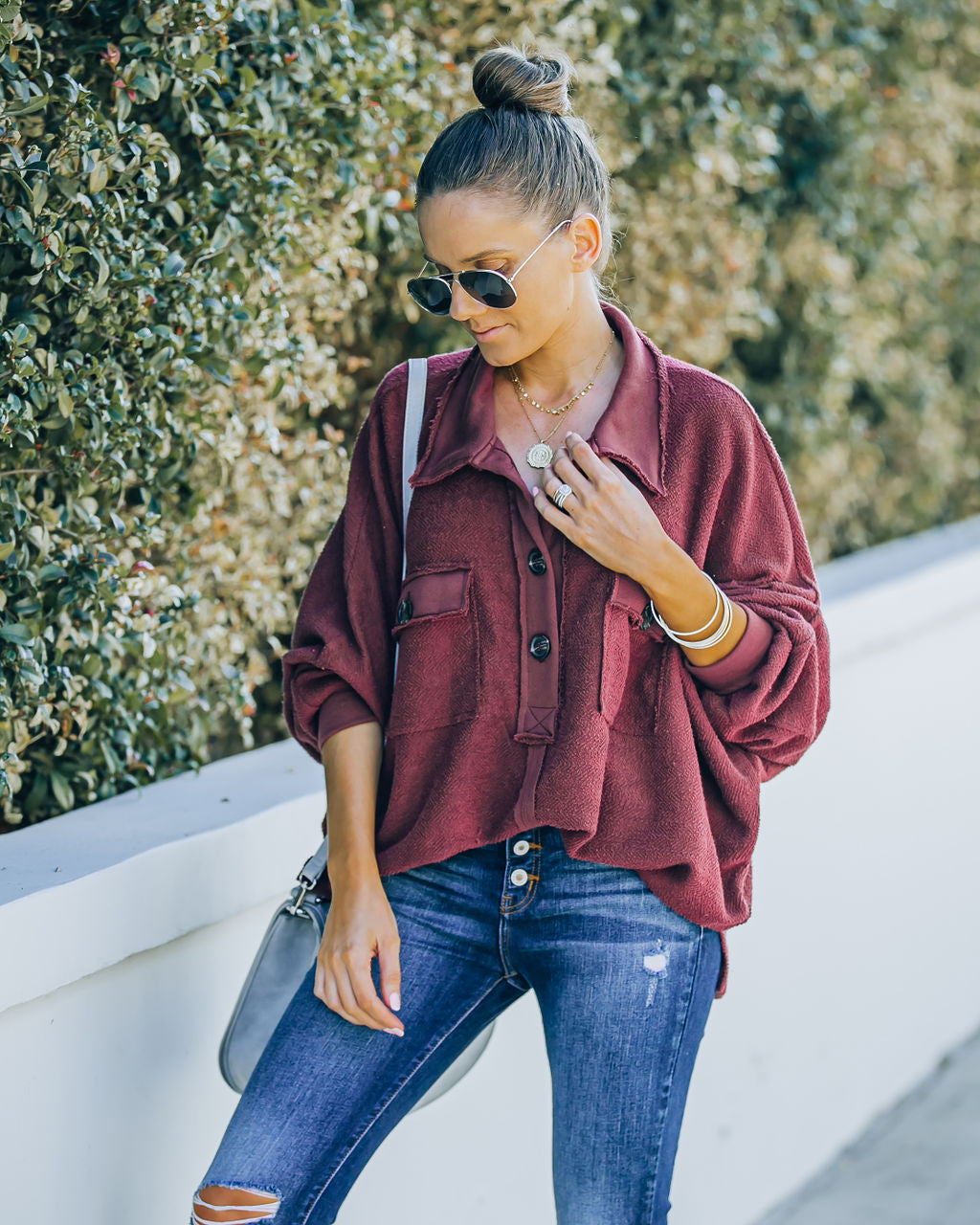 Kiandra Cotton French Terry Henley Top - Burgundy - FINAL SALE Ins Street