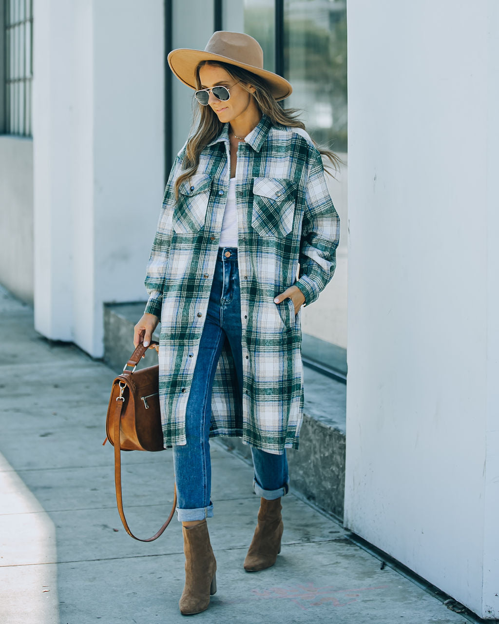 Maxine Pocketed Button Down Plaid Jacket - Green Ins Street