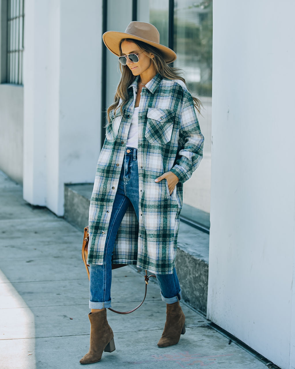 Maxine Pocketed Button Down Plaid Jacket - Green Ins Street