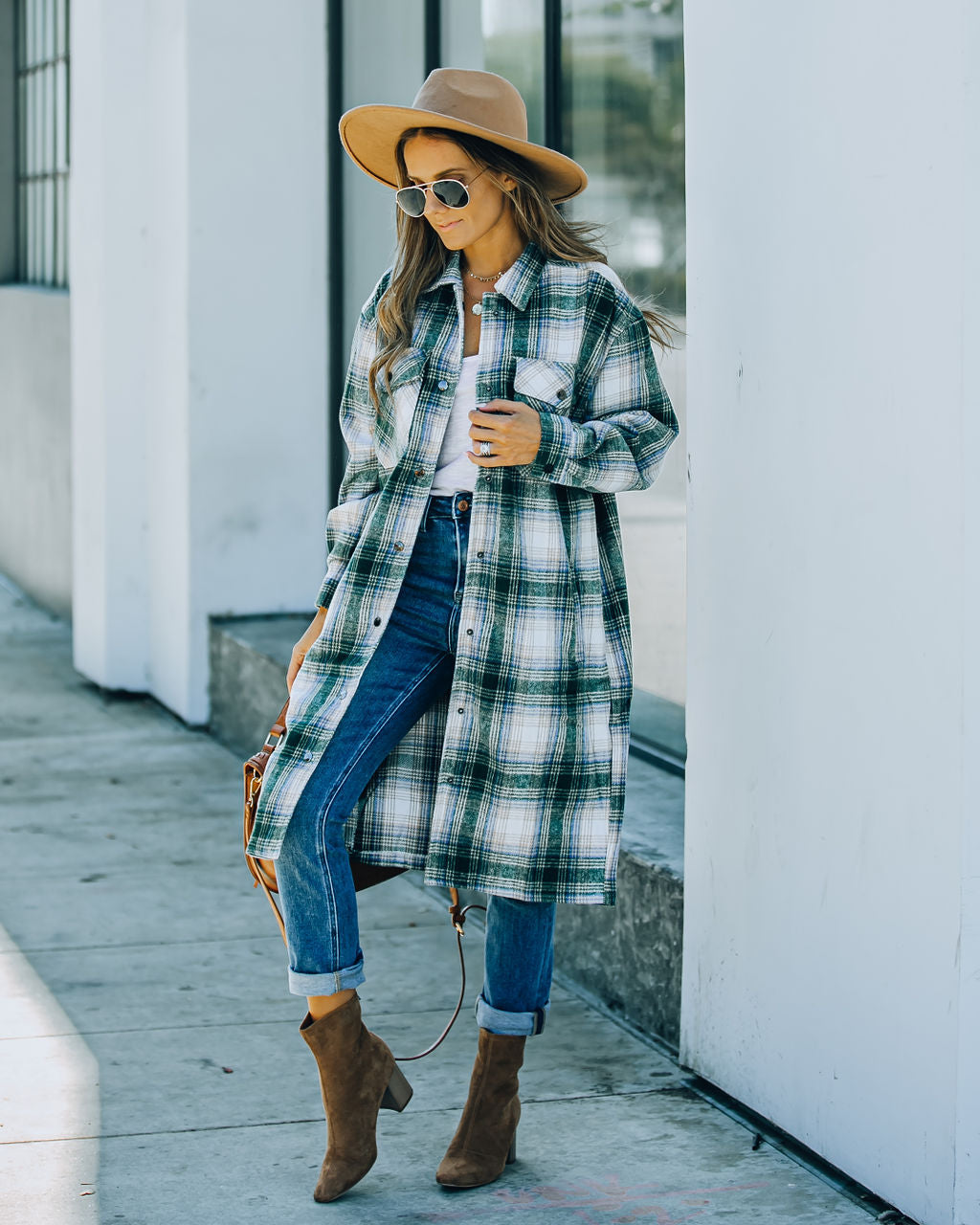 Maxine Pocketed Button Down Plaid Jacket - Green Ins Street