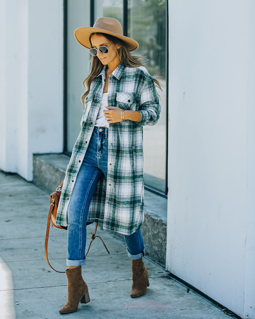 Maxine Pocketed Button Down Plaid Jacket - Green Ins Street