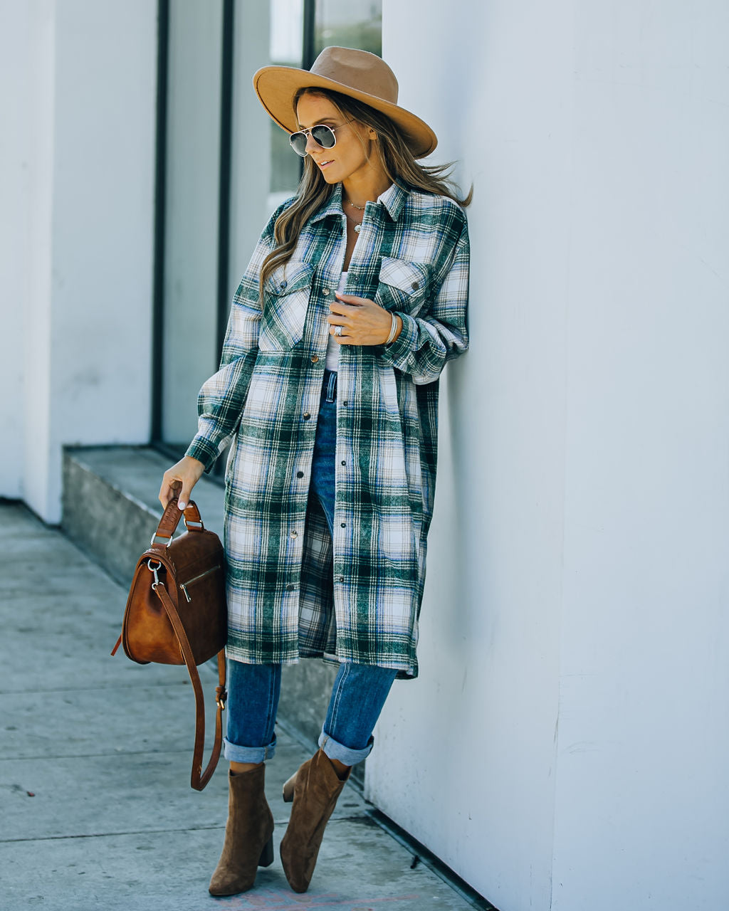 Maxine Pocketed Button Down Plaid Jacket - Green Ins Street