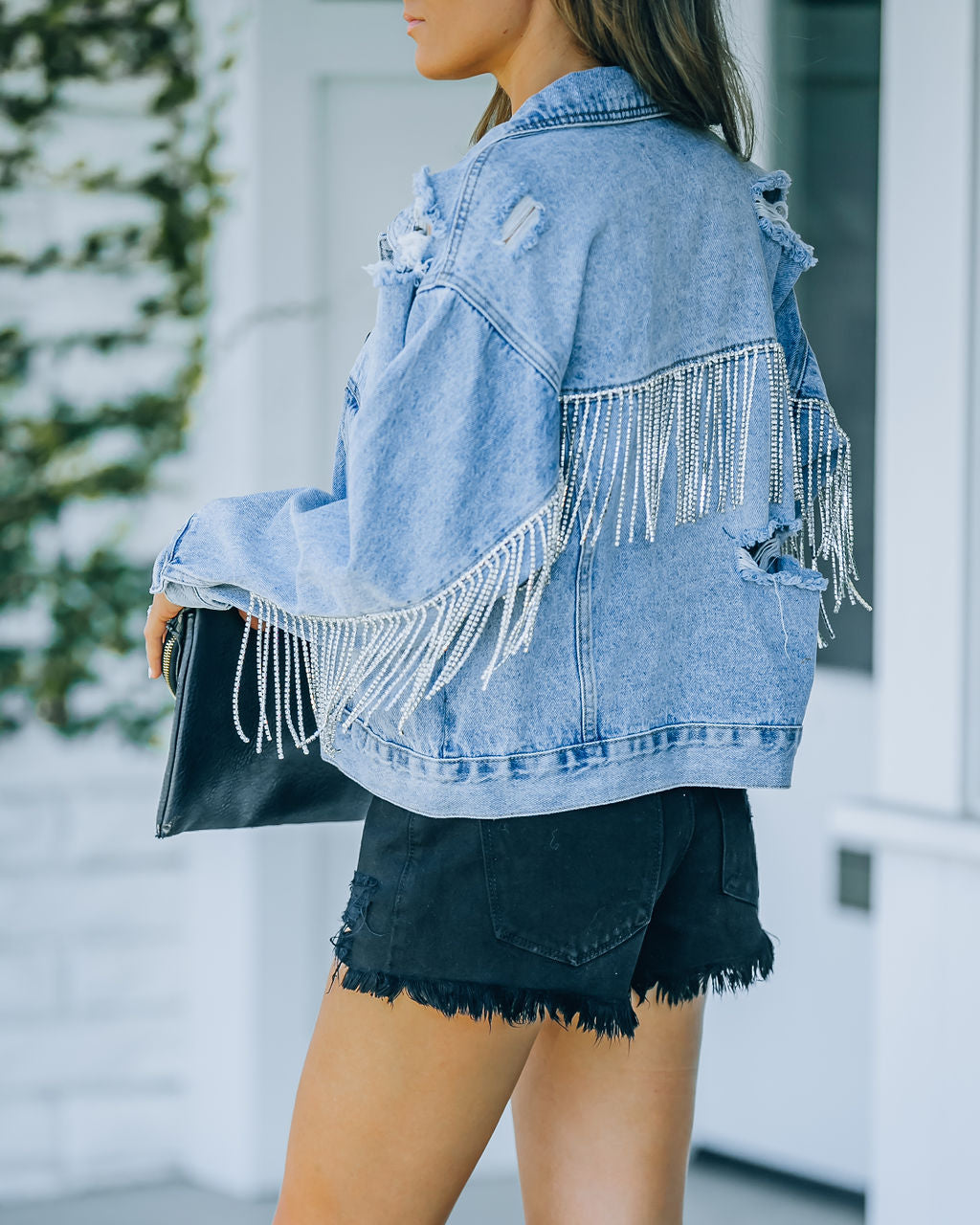 Meza Rhinestone Fringe Crop Denim Jacket Ins Street