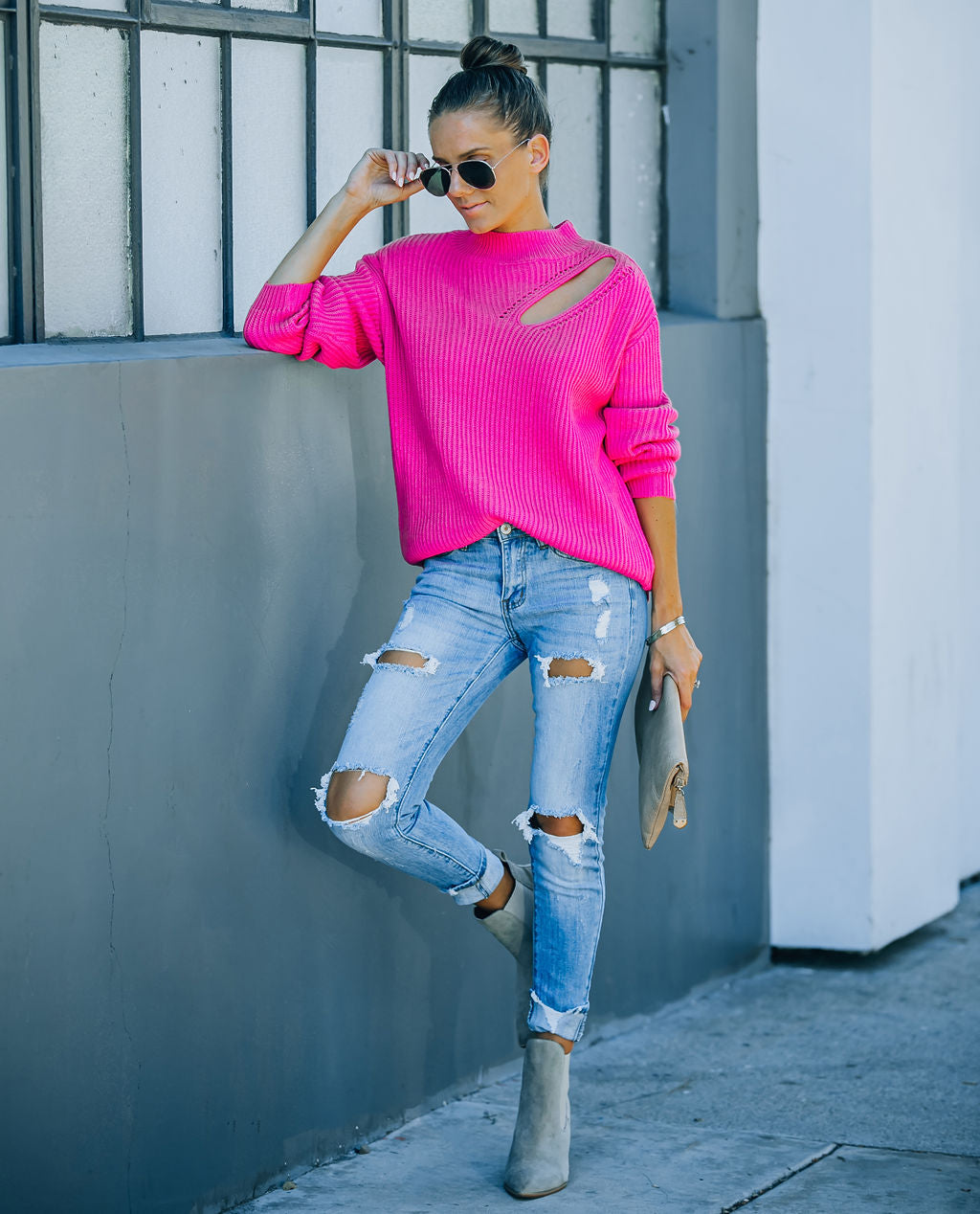 Wildest Dreams Knit Cutout Sweater - Bright Pink Ins Street