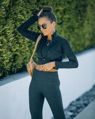 Sculpt Ribbed Knit Zip Up Crop Jacket - Washed Black Ins Street