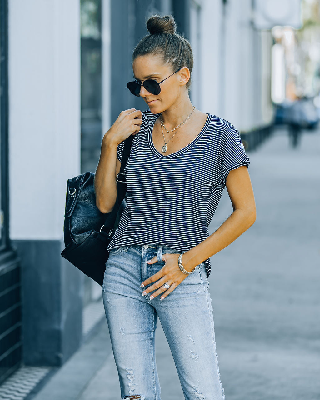 Jeff Cotton Modal Striped Scoop Tee - Black Ins Street