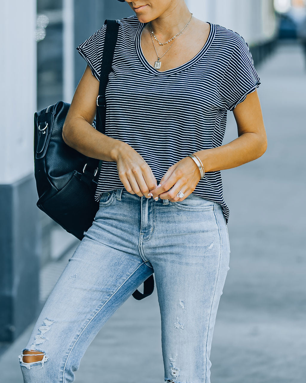 Jeff Cotton Modal Striped Scoop Tee - Black Ins Street