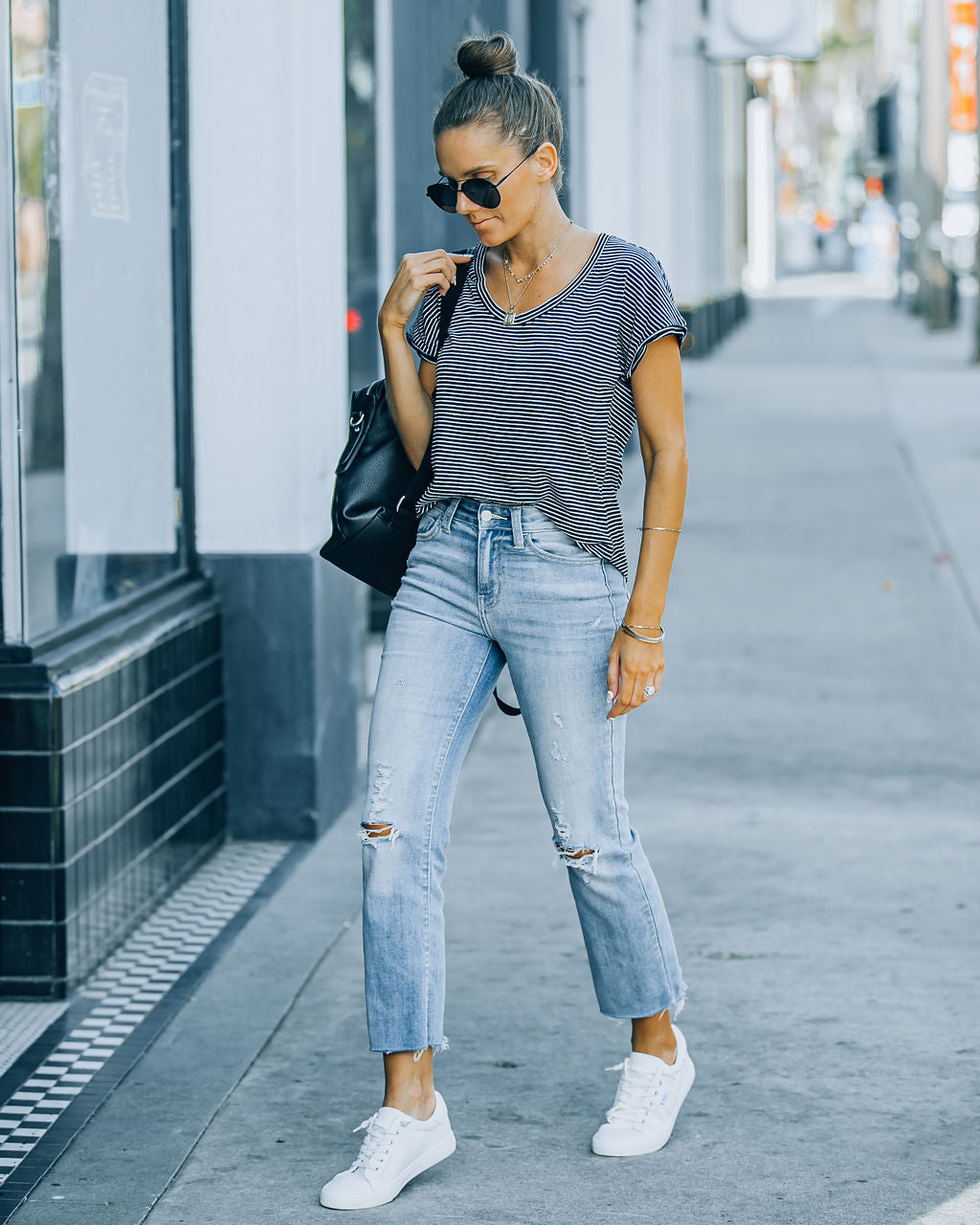 Jeff Cotton Modal Striped Scoop Tee - Black Ins Street