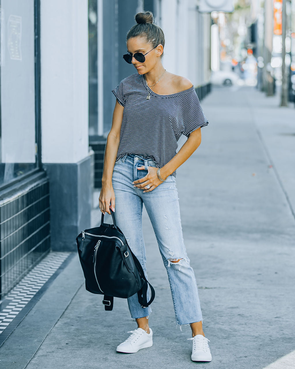 Jeff Cotton Modal Striped Scoop Tee - Black Ins Street