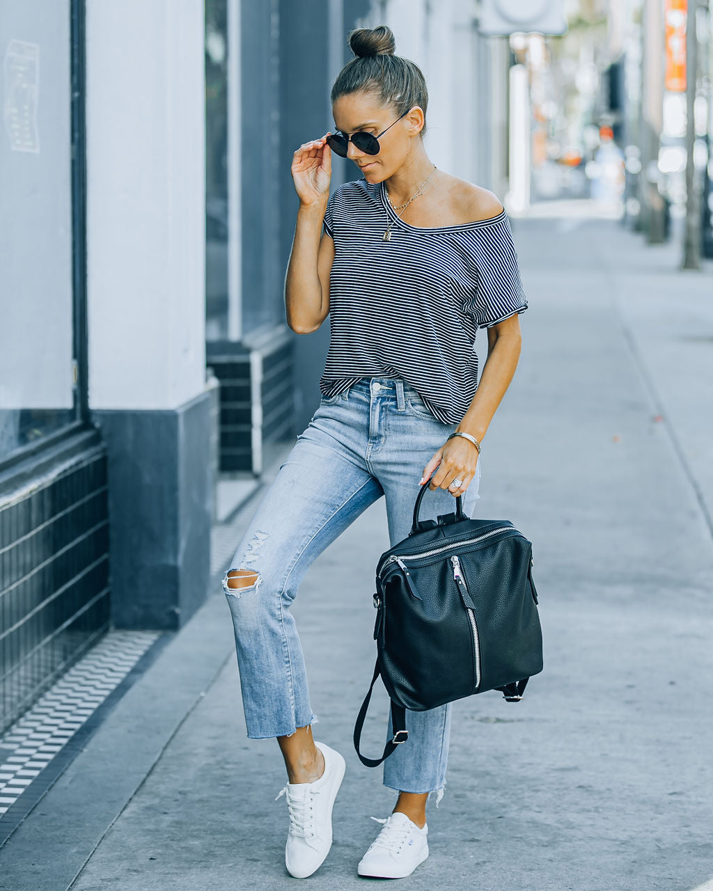 Jeff Cotton Modal Striped Scoop Tee - Black Ins Street