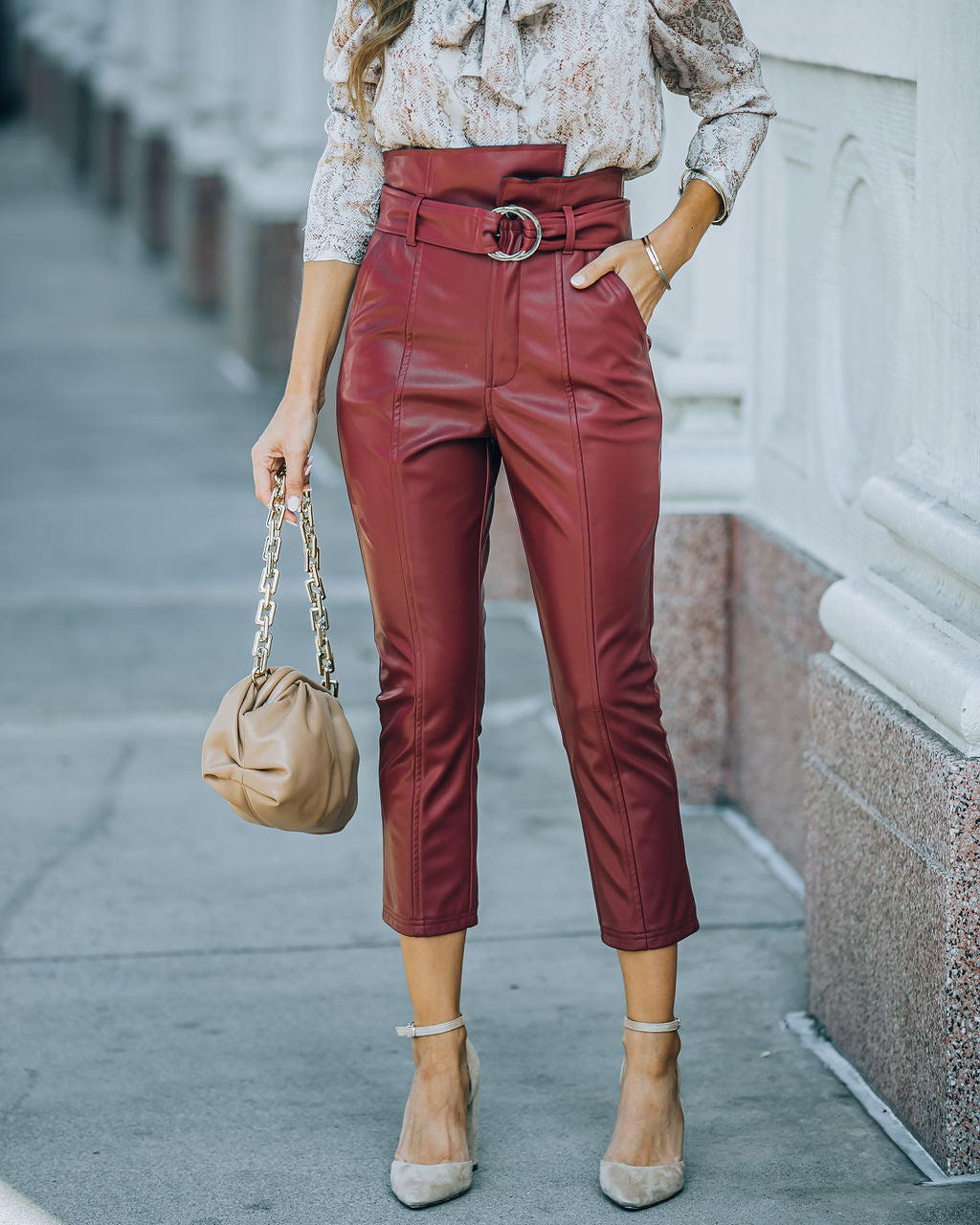 Livi Pocketed High Rise Faux Leather Belted Pants - Wine Ins Street