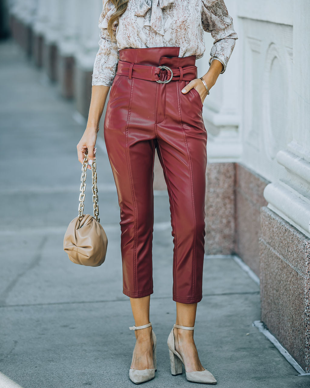 Livi Pocketed High Rise Faux Leather Belted Pants - Wine Ins Street