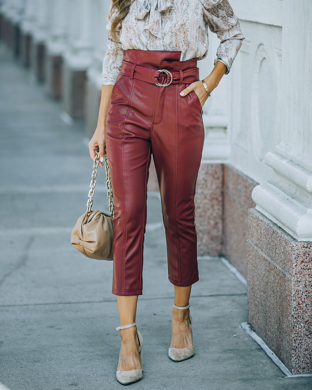 Livi Pocketed High Rise Faux Leather Belted Pants - Wine Ins Street