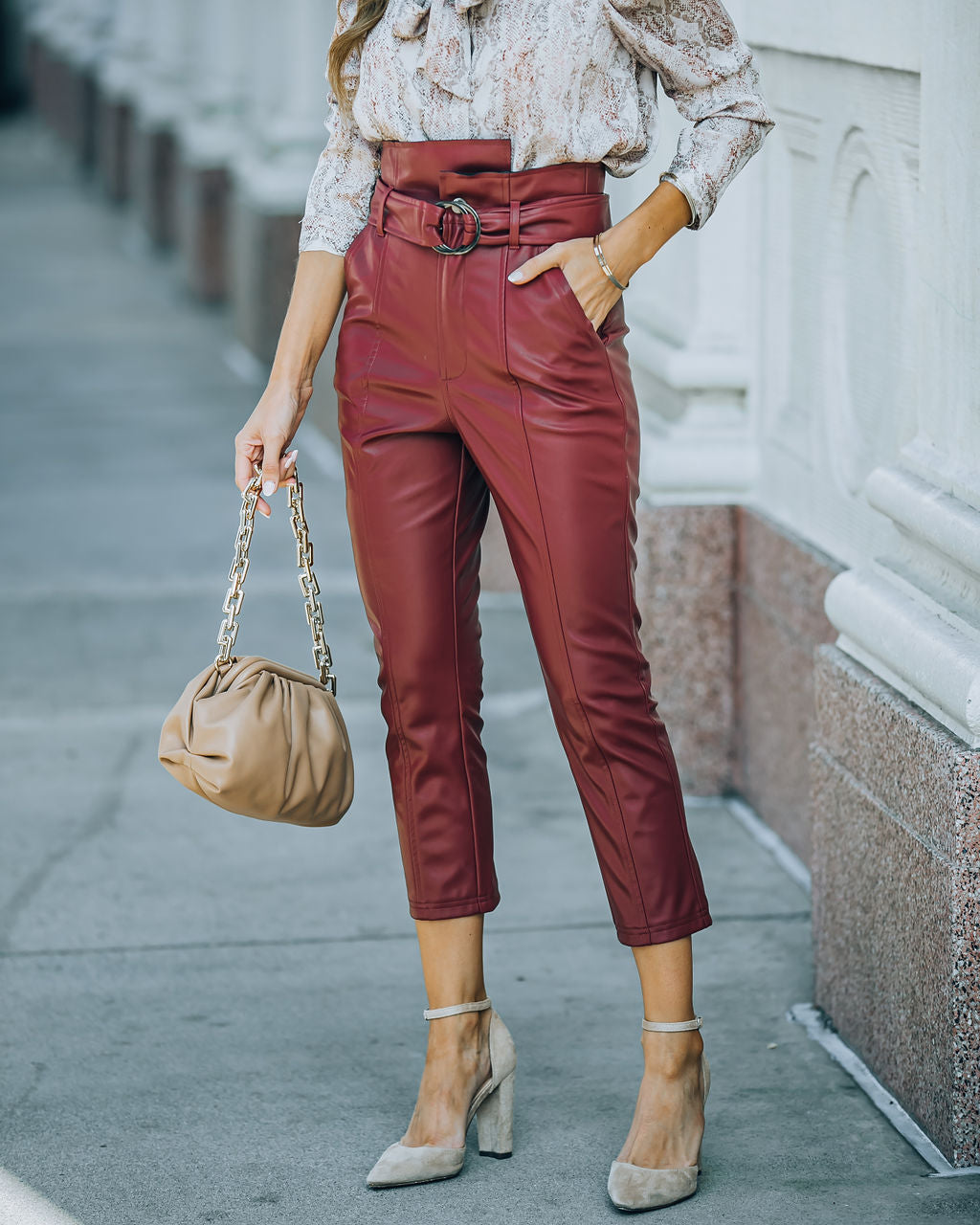 Livi Pocketed High Rise Faux Leather Belted Pants - Wine Ins Street