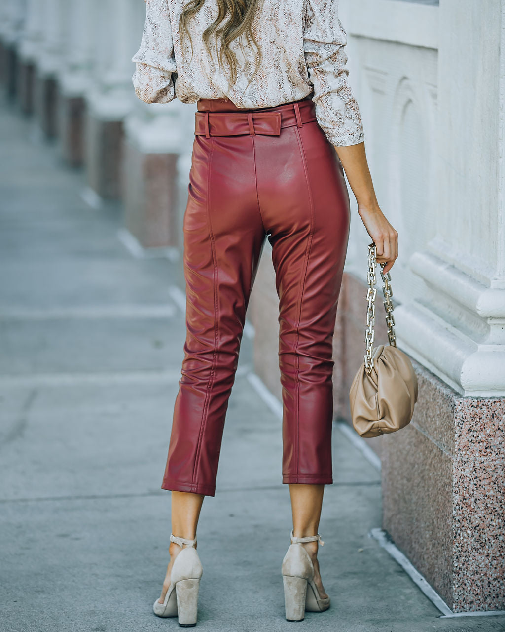 Livi Pocketed High Rise Faux Leather Belted Pants - Wine Ins Street