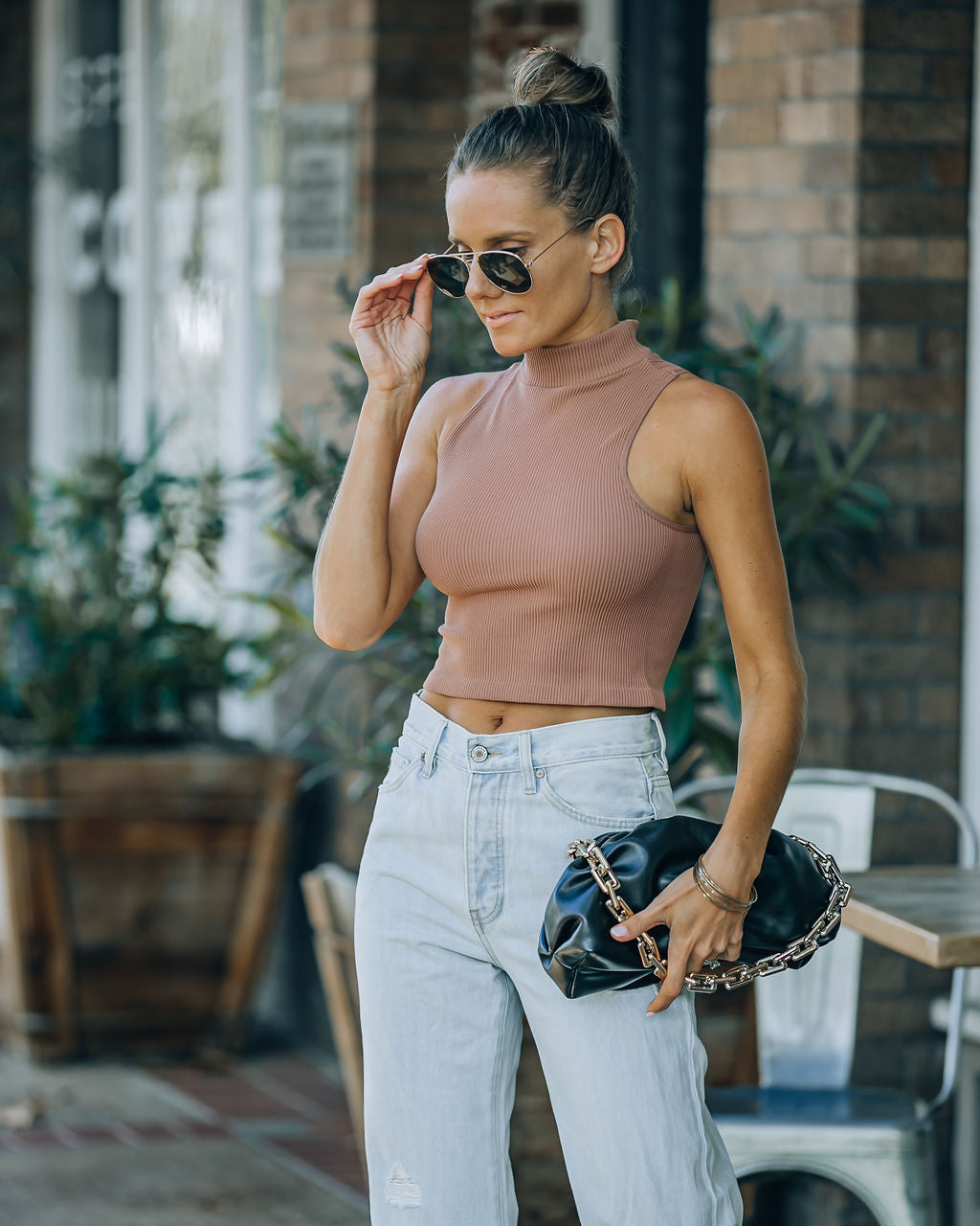 Louie Sleeveless Mock Neck Crop Top - Vintage Mocha Ins Street