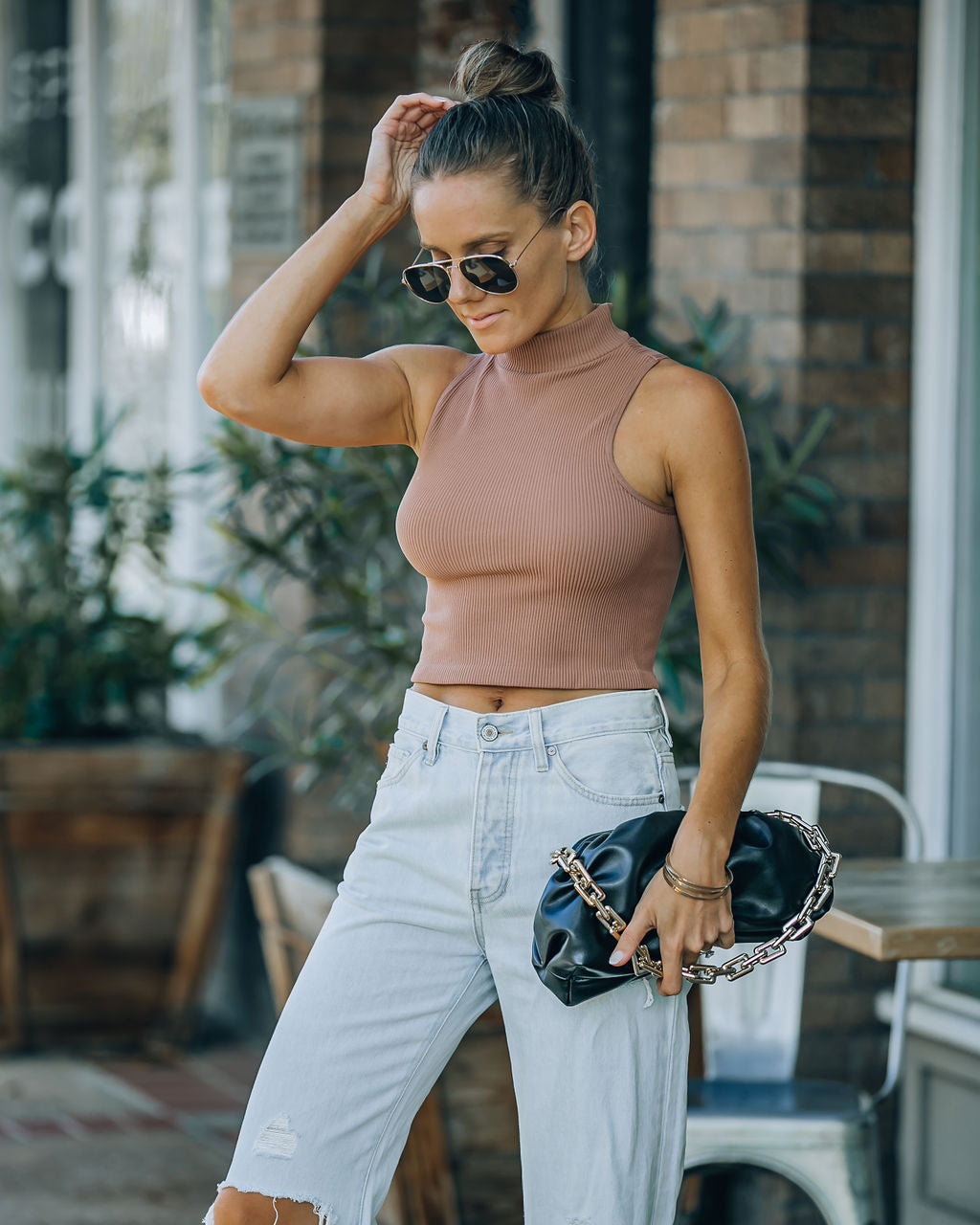 Louie Sleeveless Mock Neck Crop Top - Vintage Mocha Ins Street