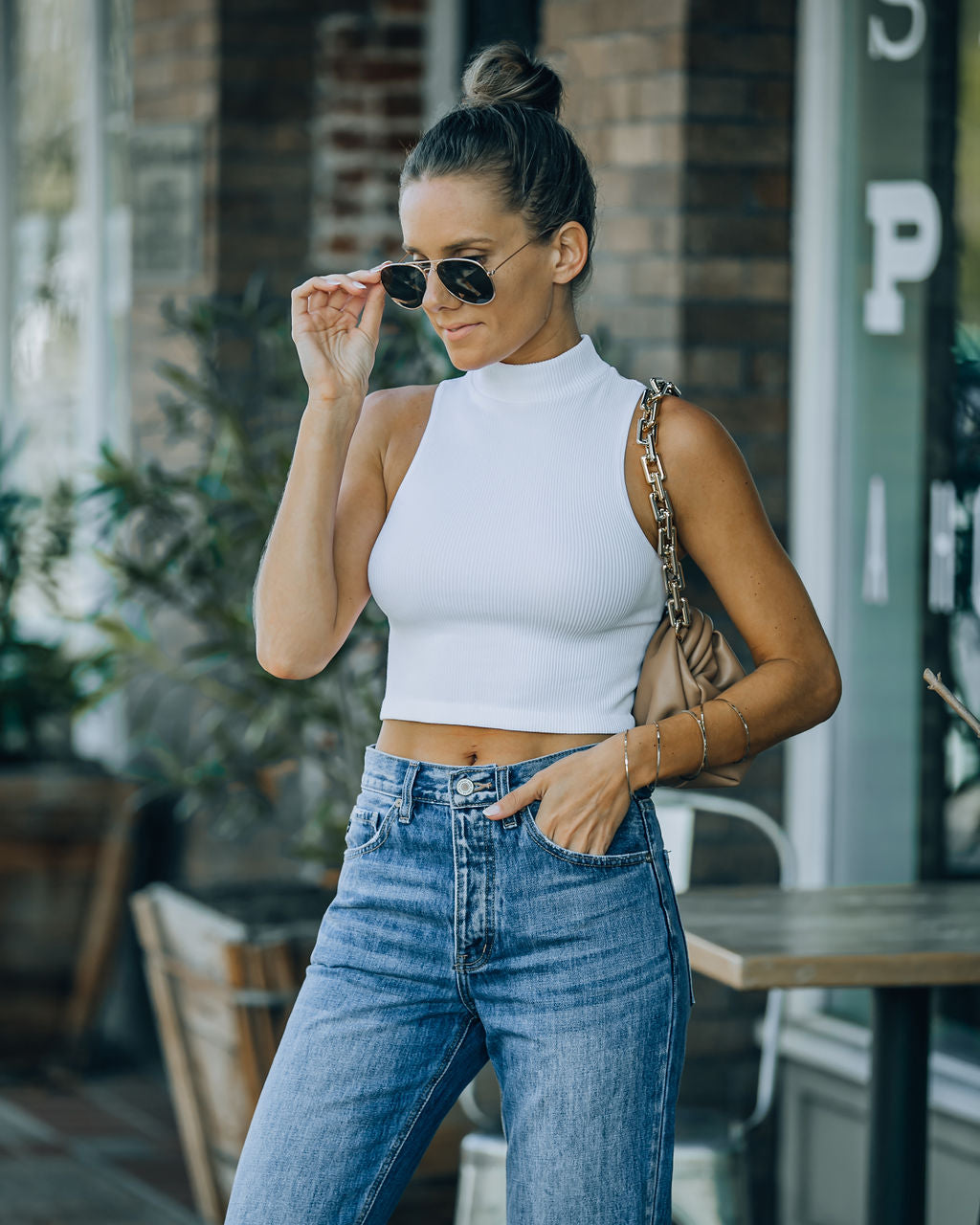 Louie Sleeveless Mock Neck Crop Top - White Ins Street