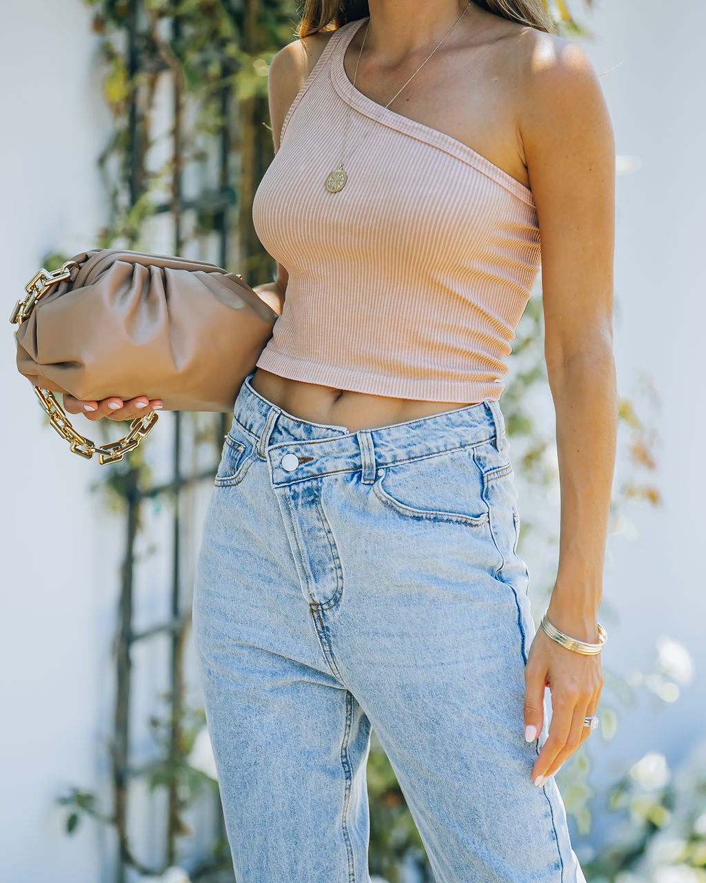 Lin Ribbed One Shoulder Crop Tank - Vintage Beige Ins Street