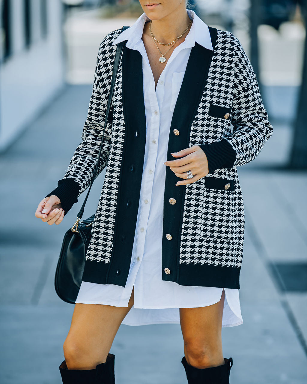 Hansel Pocketed Knit Houndstooth Cardigan Ins Street