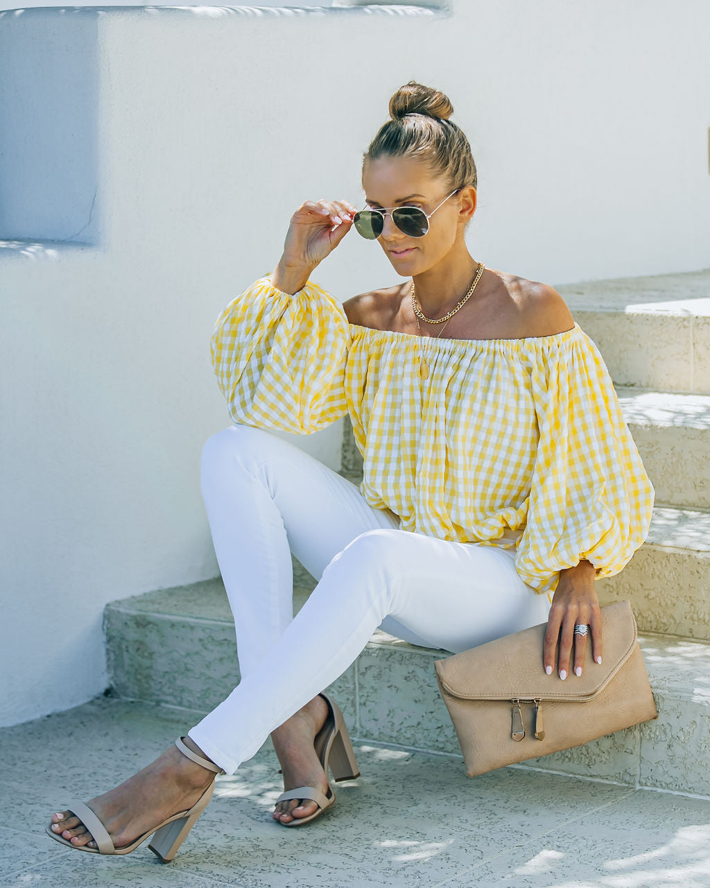 Saskia Gingham Off The Shoulder Blouse Ins Street