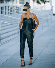 Vivienne Pocketed Strapless Faux Leather Jumpsuit - Black Ins Street