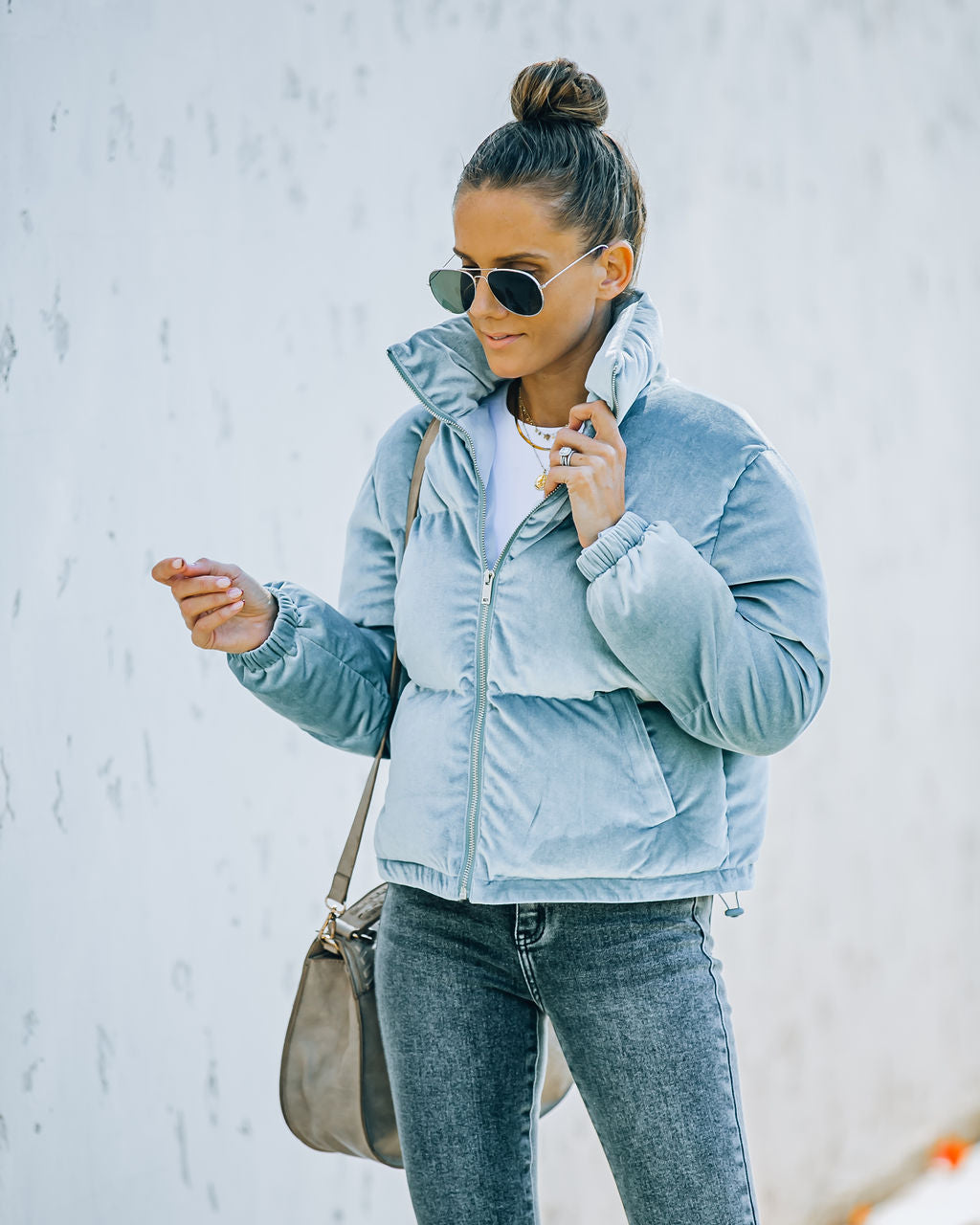 Powder Pocketed Velvet Puffer Jacket - Dusty Blue Ins Street