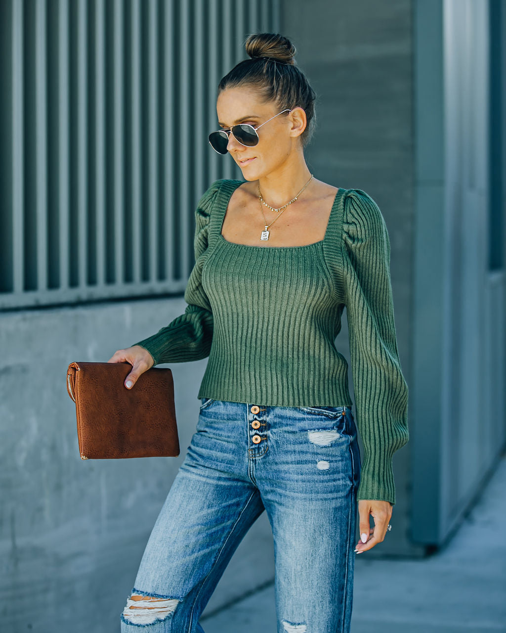 Ford Square Neck Knit Sweater - Fern Green Ins Street