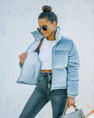 Powder Pocketed Velvet Puffer Jacket - Dusty Blue Ins Street