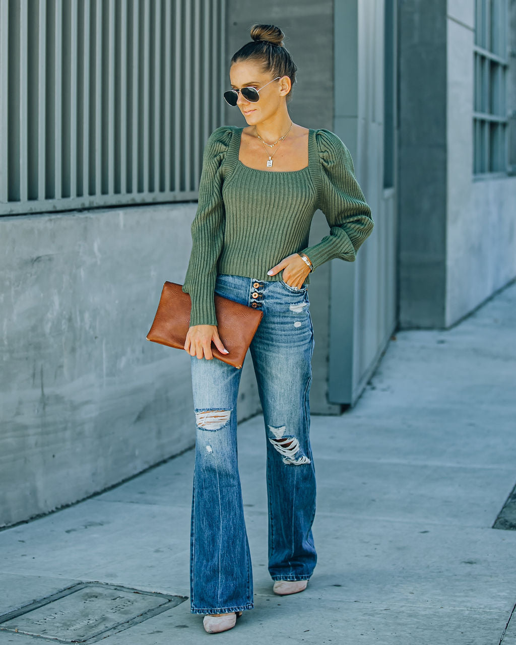 Ford Square Neck Knit Sweater - Fern Green Ins Street