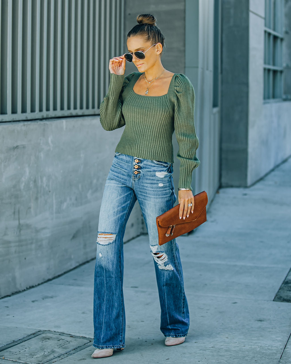 Ford Square Neck Knit Sweater - Fern Green Ins Street