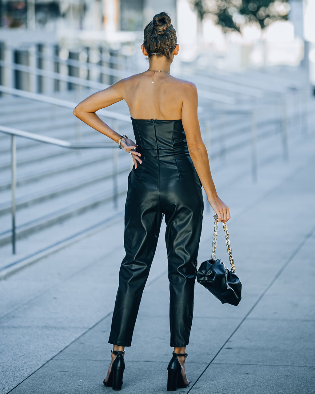 Vivienne Pocketed Strapless Faux Leather Jumpsuit - Black Ins Street