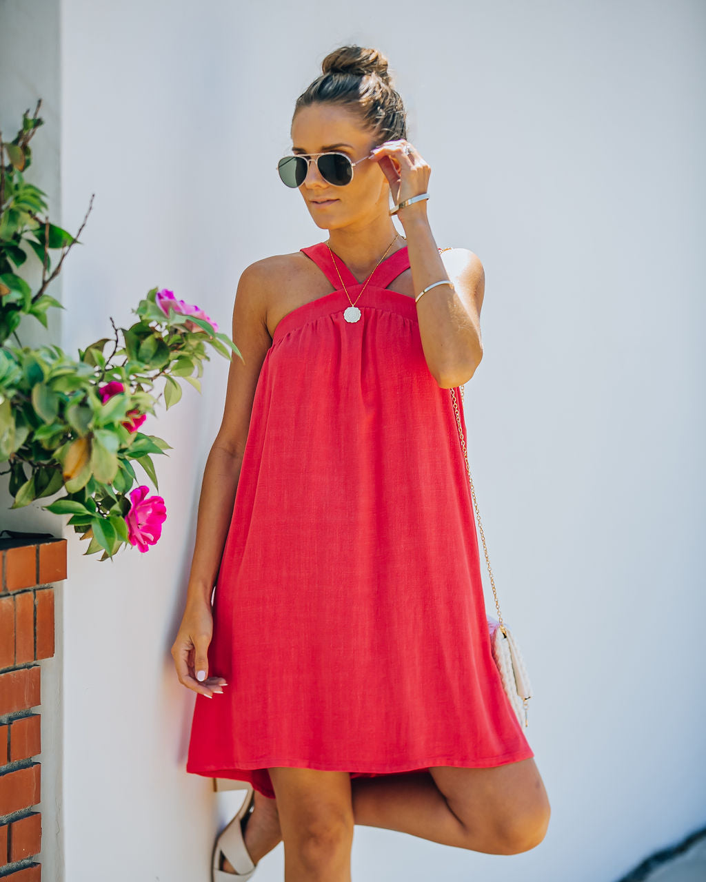 Hot Fun Linen Blend Halter Dress - Hot Pink Ins Street