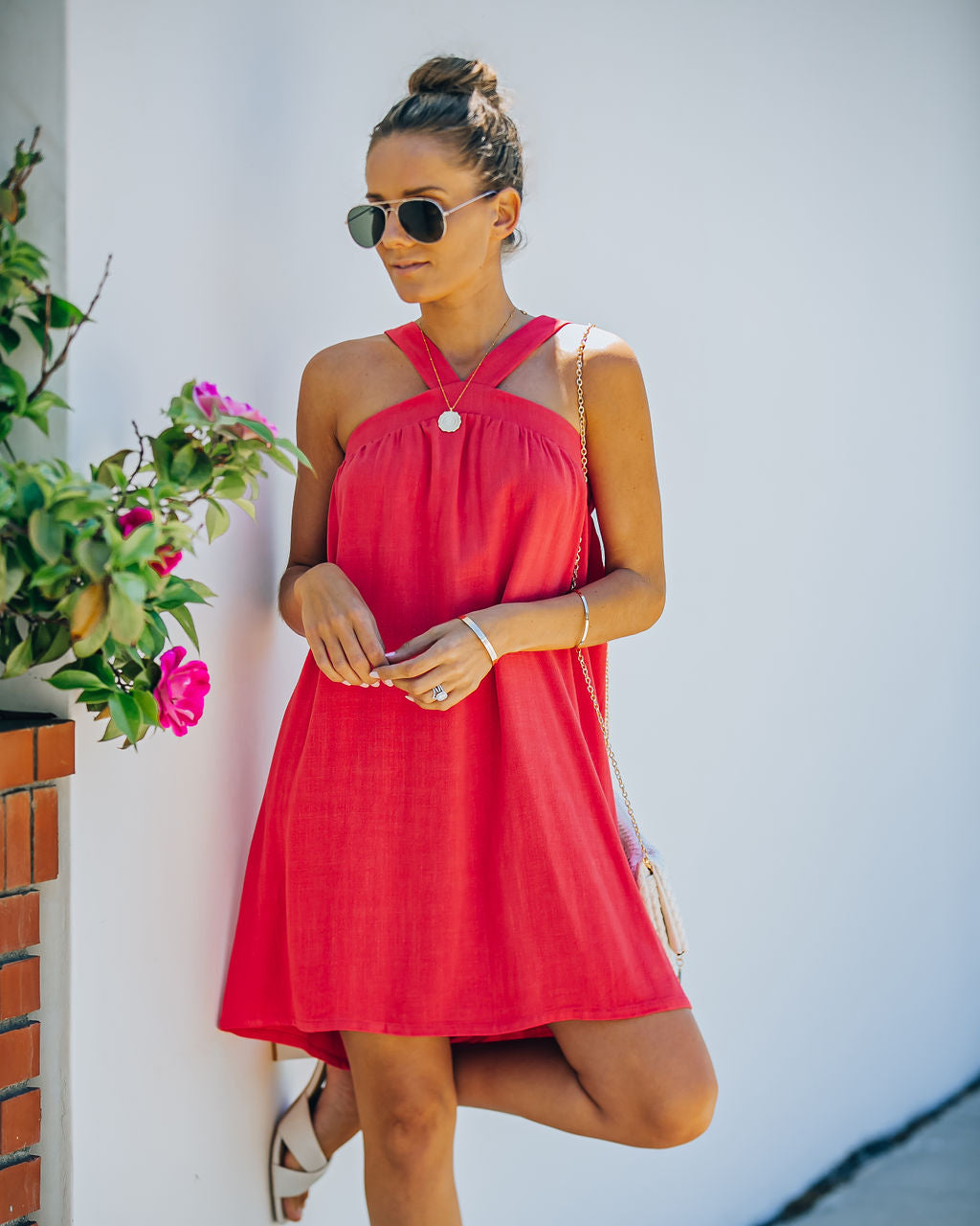 Hot Fun Linen Blend Halter Dress - Hot Pink Ins Street